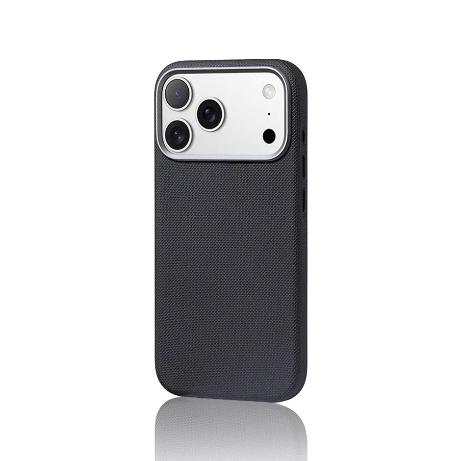 Black phone case with textured finish on a white background