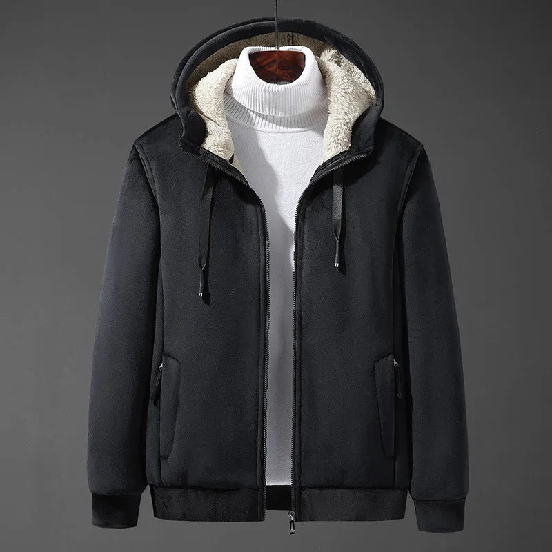 Black jacket with fur-lined hood on a mannequin against a gray background