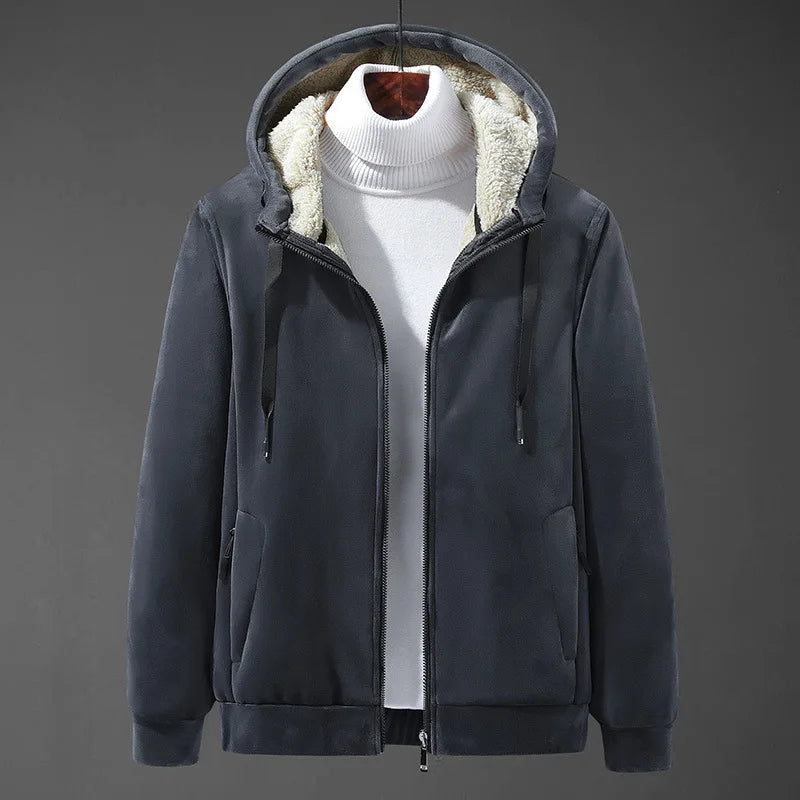 Dark gray hoodie with white fleece lining on a gray background