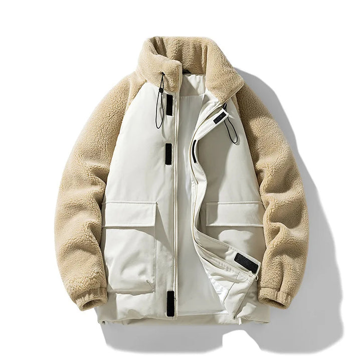 Two-tone jacket with beige fleece exterior and white interior on a white background