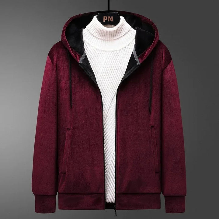 Maroon hoodie with a white sweater underneath on a gray background