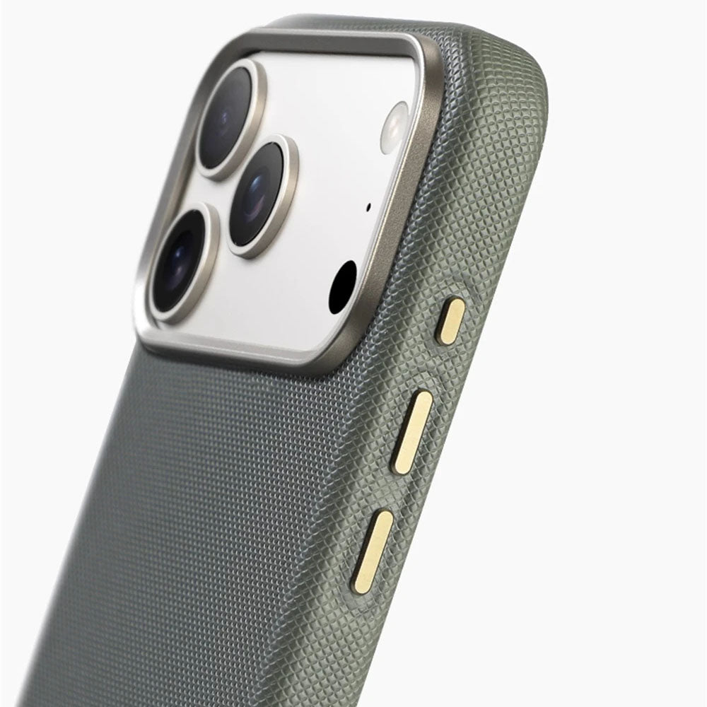 Close-up of a textured phone case with camera and brand logo on a white background