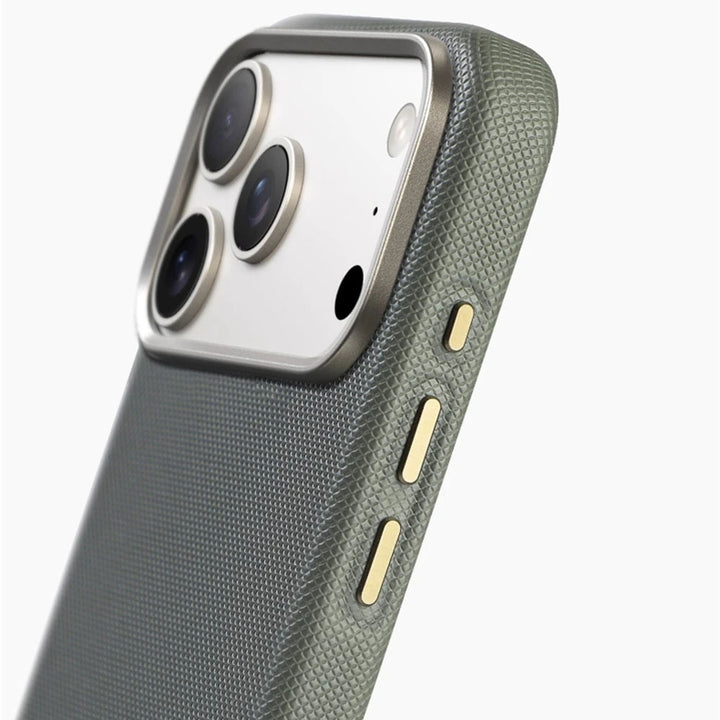 Close-up of a textured phone case with camera and brand logo on a white background