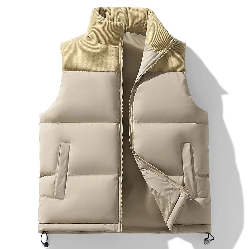 Beige puffer vest with a contrasting collar on a white background
