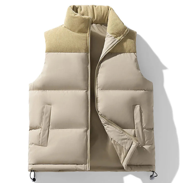 Beige puffer vest with a contrasting collar on a white background