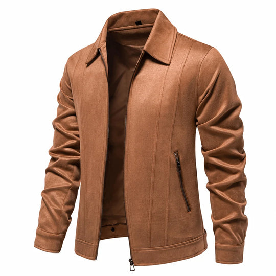 A brown suede and leather jacket with a collar, long sleeves, and a zipper.