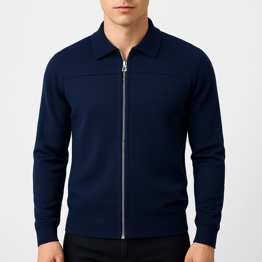 Navy blue zip-up jacket on a plain background