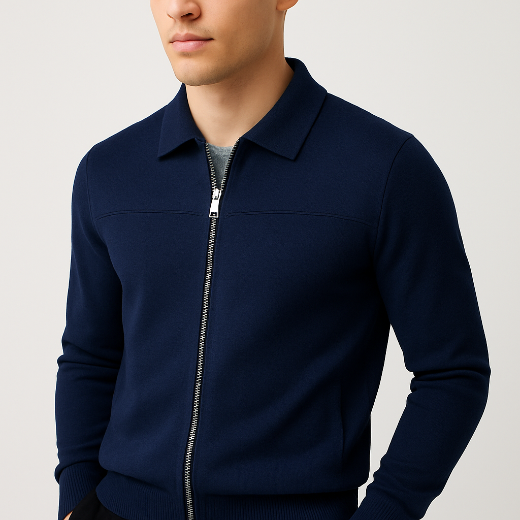 Navy blue jacket with a zipper on a neutral background