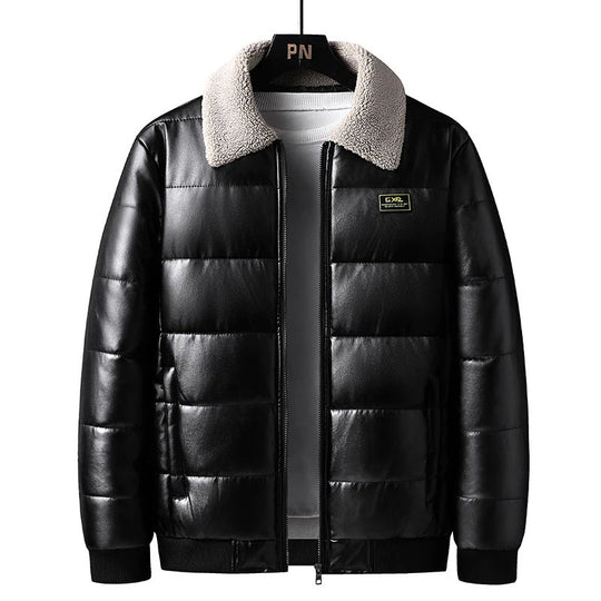 A black hybrid leather thermal jacket with a quilted insulation and a plush sherpa-lined collar. It features ribbed cuffs and hem, and a front zipper closure.