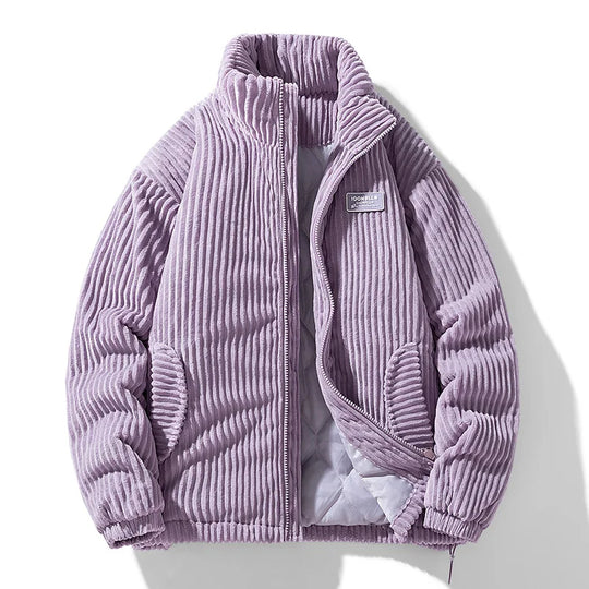 A purple quilted corduroy jacket with a plush texture, displayed in a relaxed open style against a neutral background.